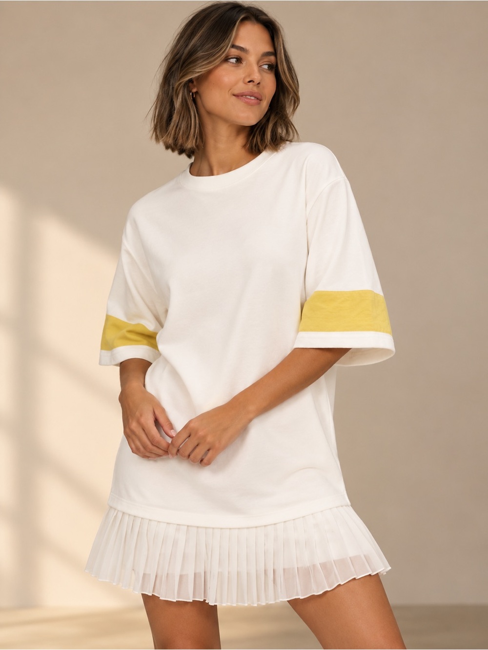 Daily Practice Anthropologie Pleated Hem T-Shirt Dress White Yellow 2X NWT #1004